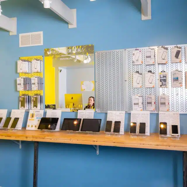 Display of refurbished devices for sale at The Lab.