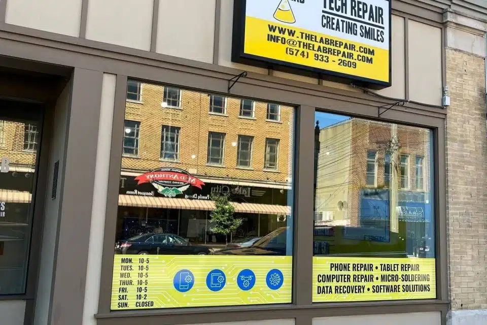 Exterior of the front window of The Lab located across from Mad Anthony's in downtown Warsaw, Indiana