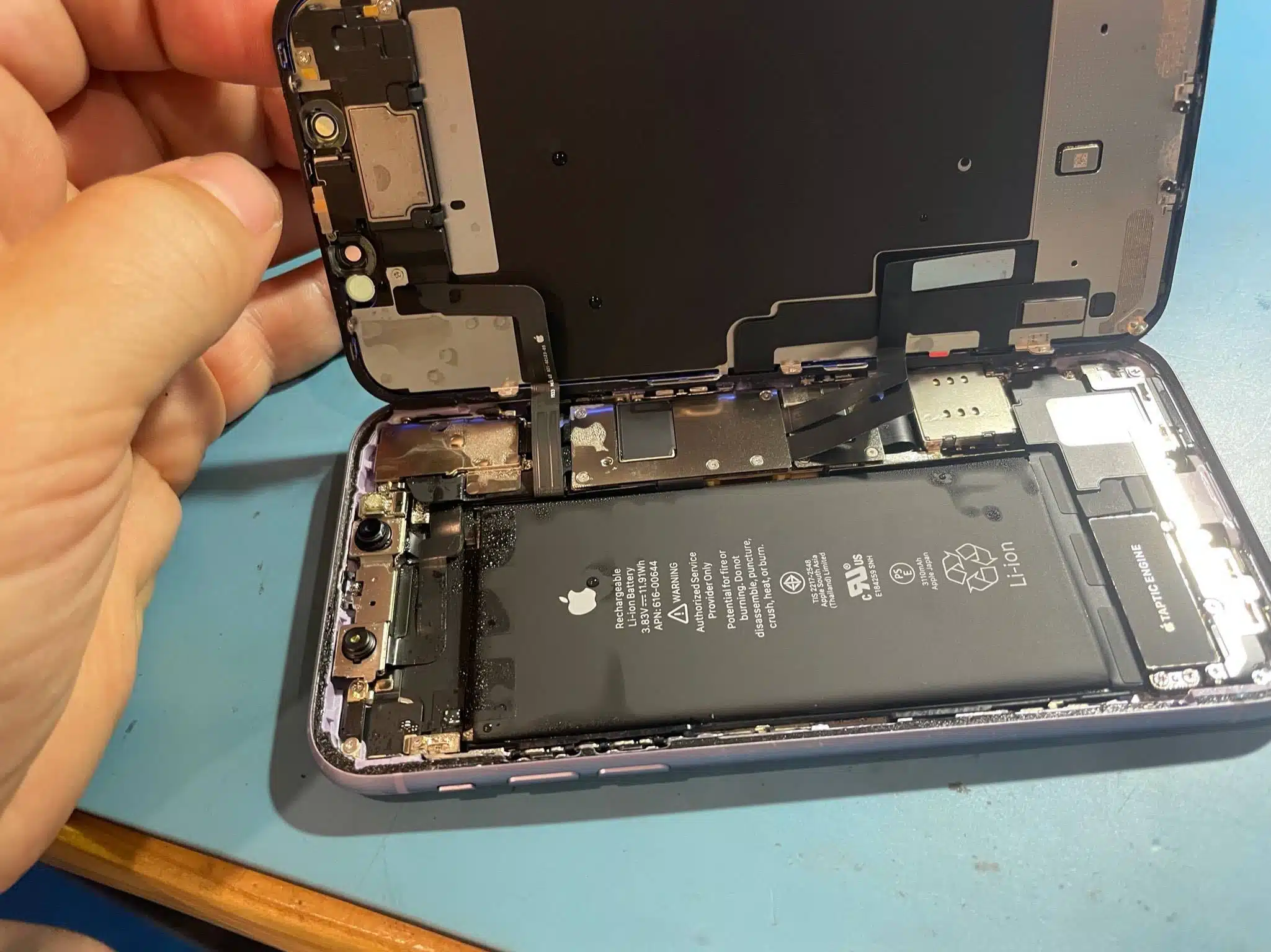 Liquid damaged iPhone opened up to display how water has damaged the interior