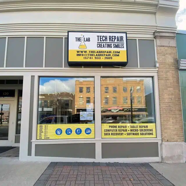 Exterior of The Lab located at 120 E. Center Street, Suite A in Warsaw, Indiana including their sign and front windows