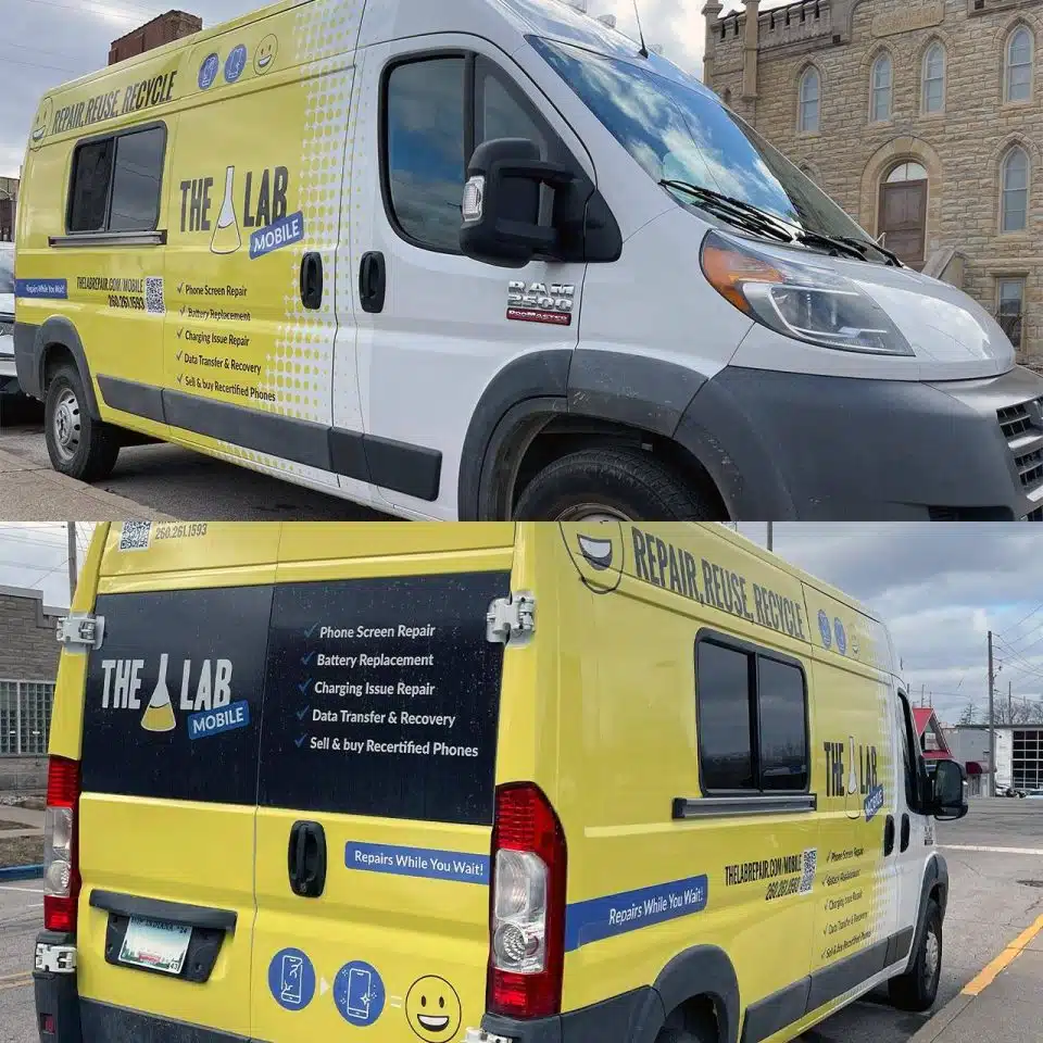 The Lab's mobile repair van parked in front of The Kosciusko County Historical Society in downtown Warsaw