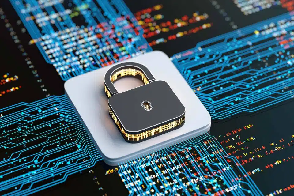 Image of a digital padlock in the center of a stylized circuit board as an example of data security being important